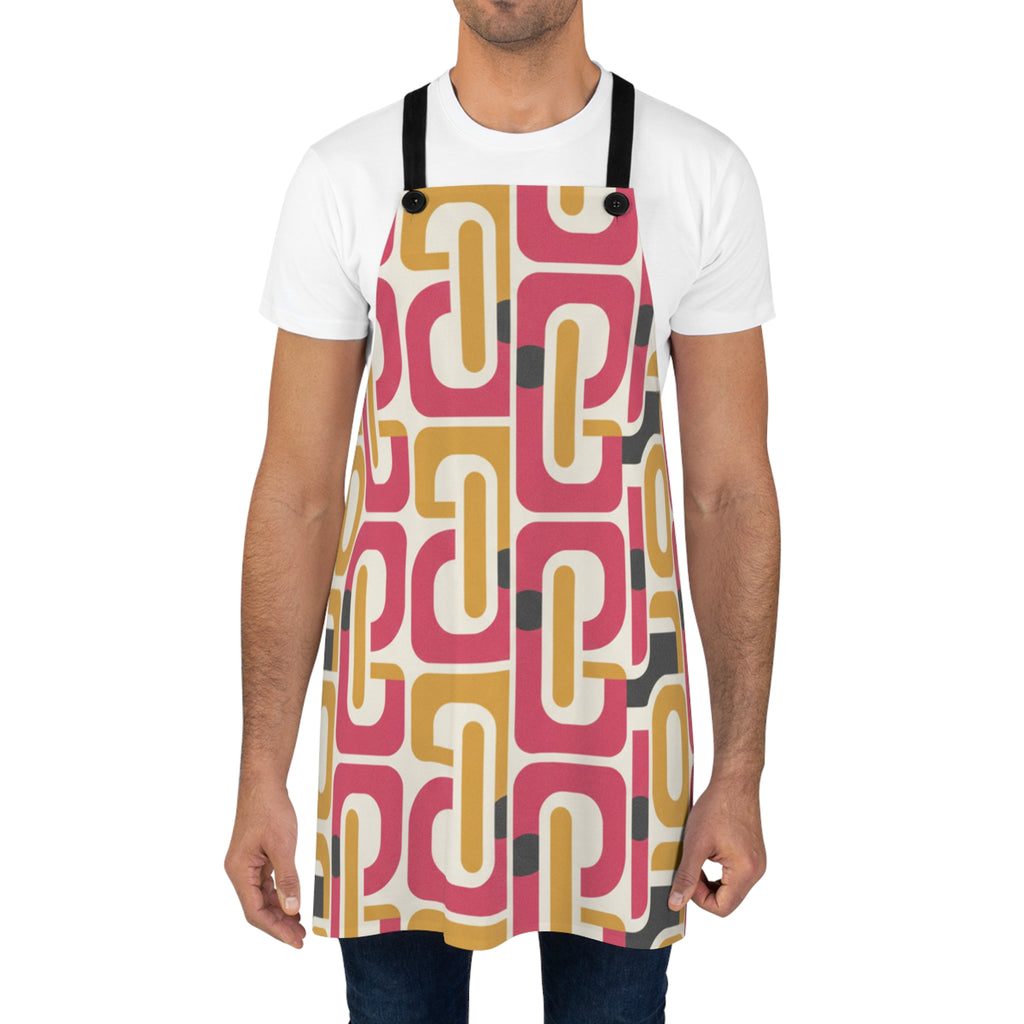 Retro Geometric Apron — 1970s Pink & Mustard Kitchen Apron, Vintage Mid-Century Pattern