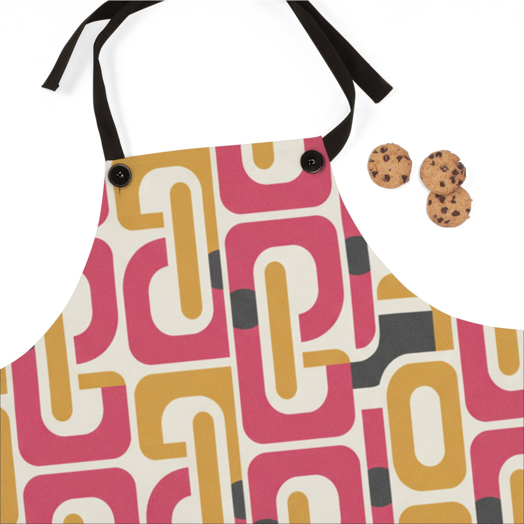 Retro Geometric Apron — 1970s Pink & Mustard Kitchen Apron, Vintage Mid-Century Pattern