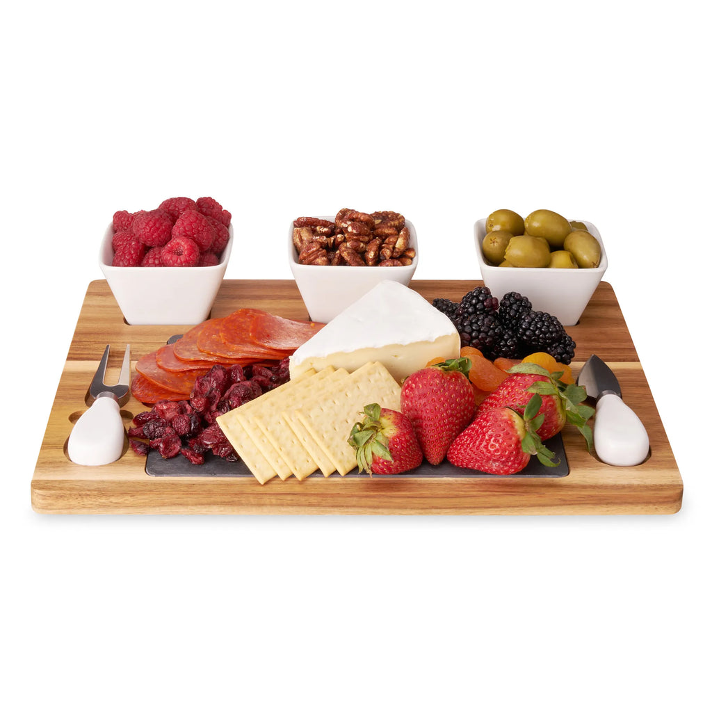 Acacia & Slate Cheese Board Set with Ceramic Bowls