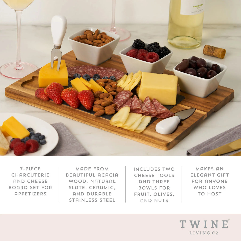 Acacia & Slate Cheese Board Set with Ceramic Bowls