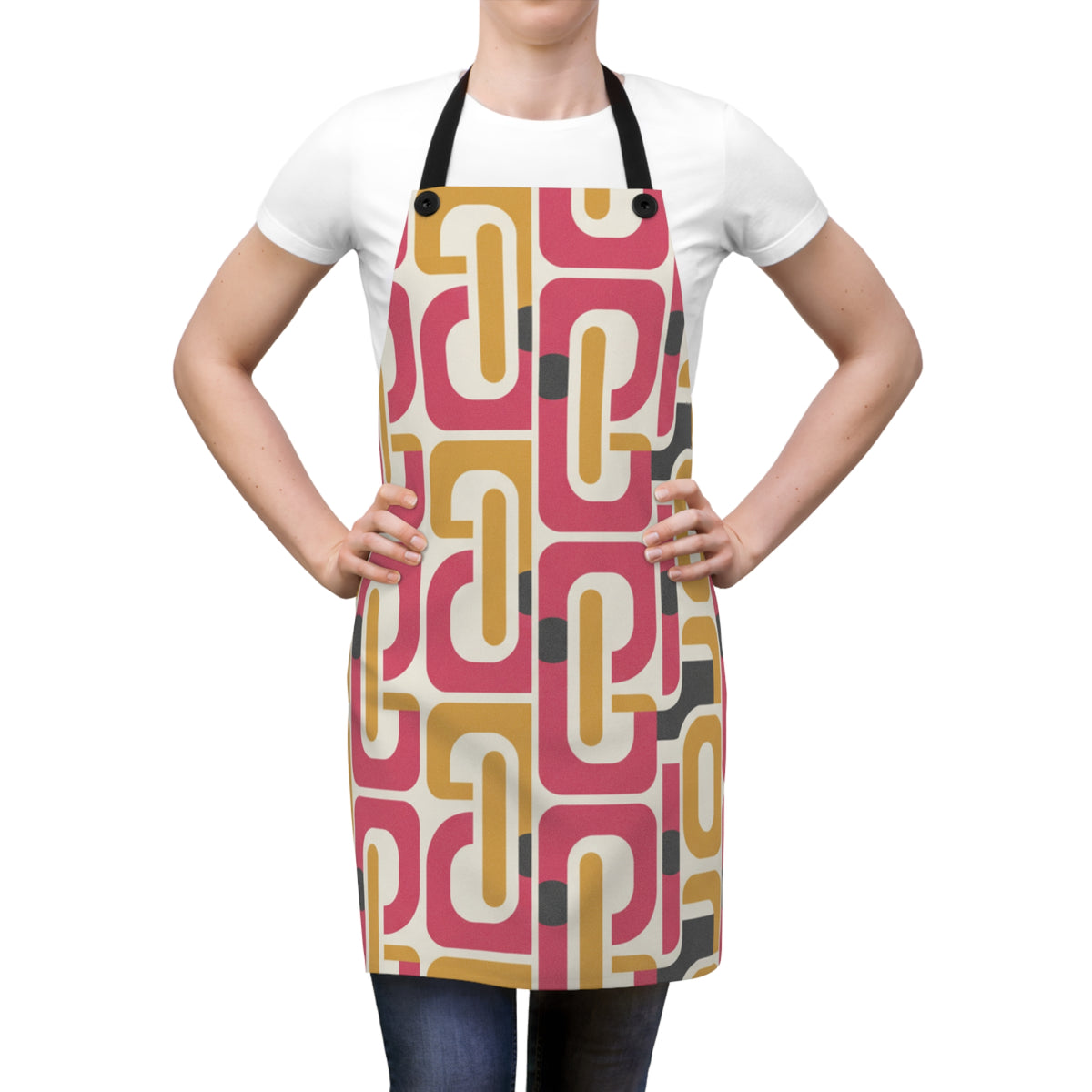 Retro Geometric Apron — 1970s Pink & Mustard Kitchen Apron, Vintage Mid-Century Pattern
